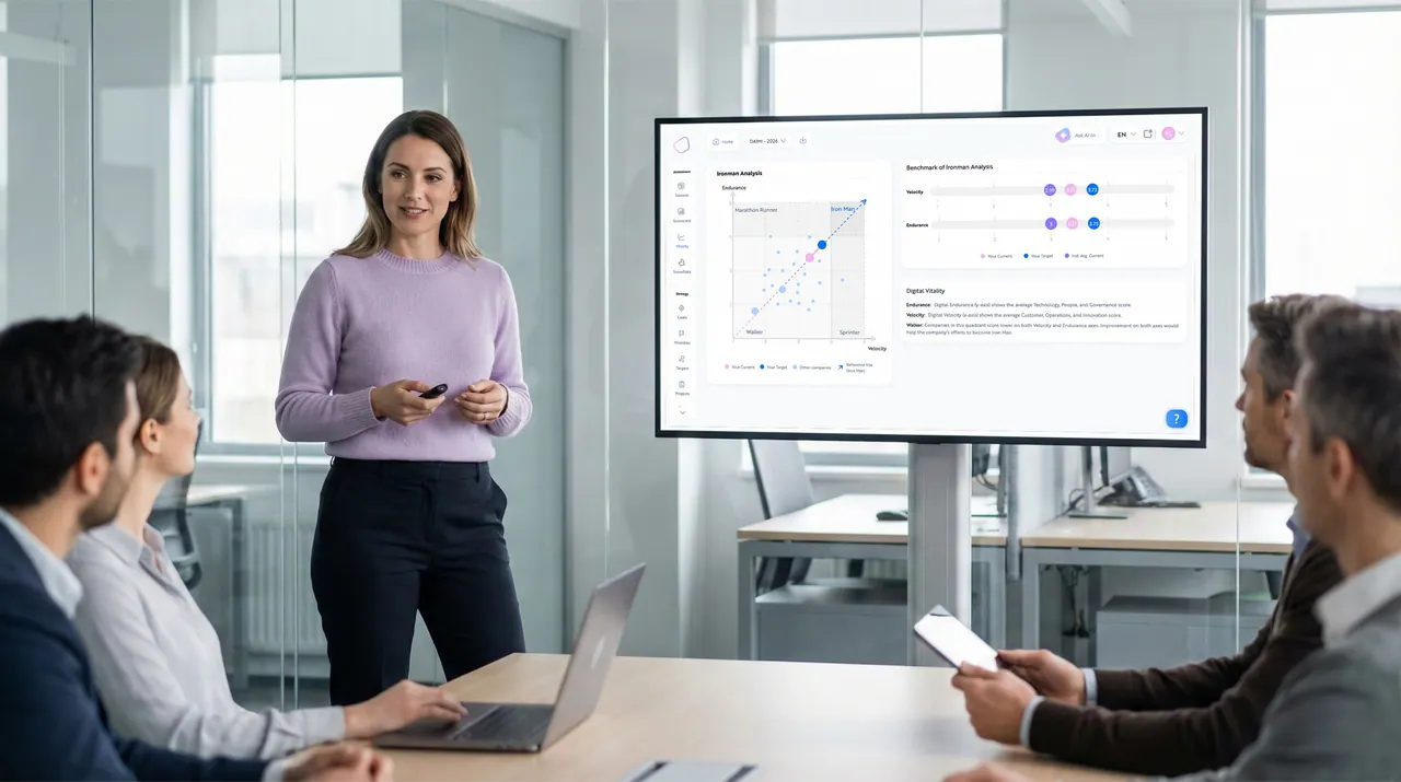 A Digitopia consultant presenting the Digital Vitality quadrant, endurance against velocity, to three executives in a bright meeting room.